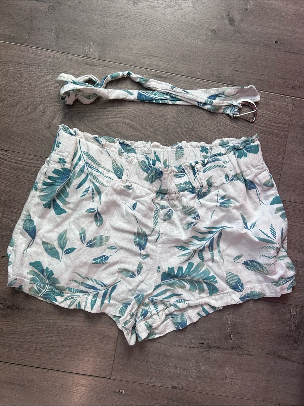 Women's White Shorts with Teal Leaf Print